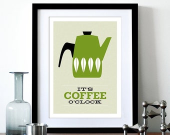 Cathrineholm poster print Mid Century Modern home kitchen art coffee poster tea - It&#39;s Coffee O&#39;clock Olive A3