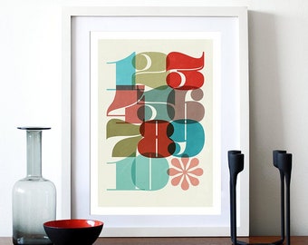 Typography poster print retro nusery art kitchen art children&#39;s vintage bedroom numbers -1 To 10 - A3