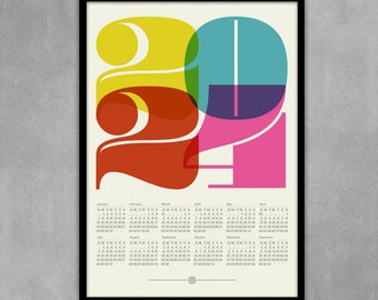 2024 calendar, Mid Century Modern, poster, retro kitchen art, office art print, Eames era, typography poster, graphic design 50 x 70 poster