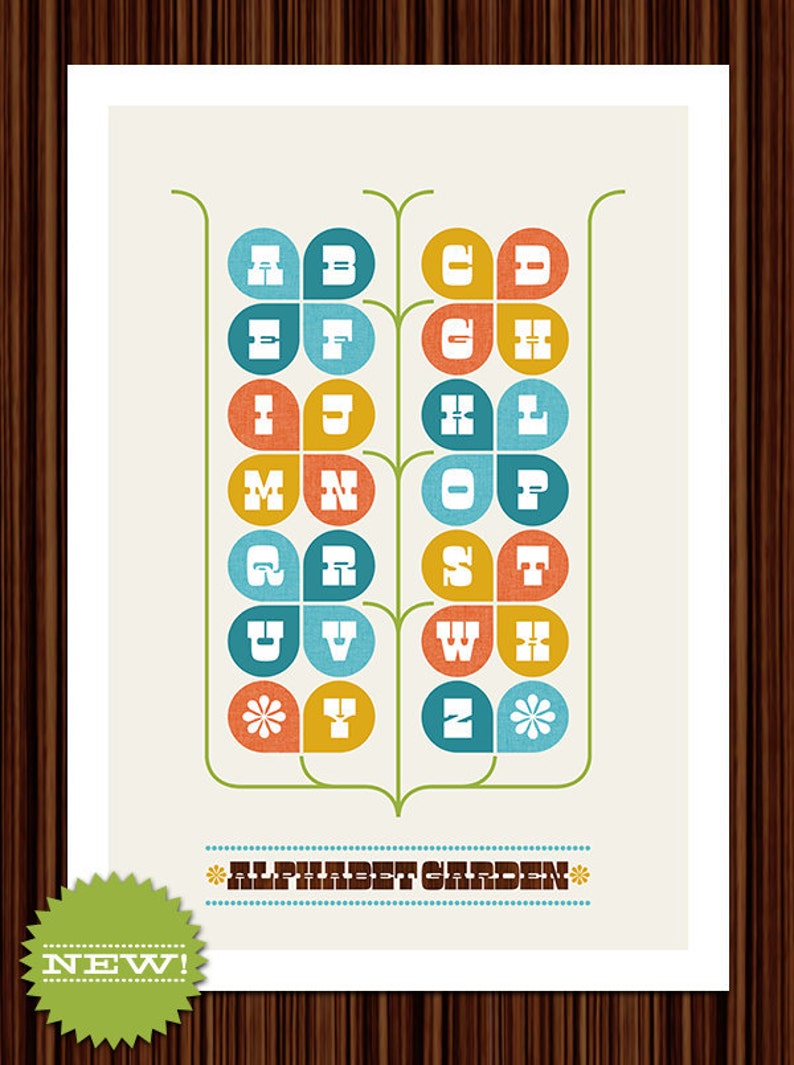 Typography poster nursery art print Mid Century Modern home retro eames kitchen art Alphabet Garden A3 image 3