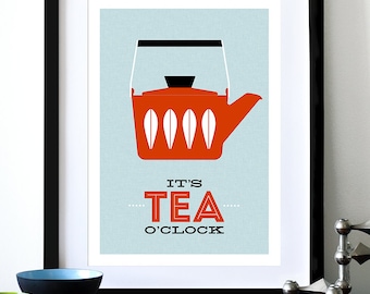 Cathrineholm poster print Mid Century Modern home kitchen art tea coffee - It&#39;s Tea O&#39;clock Red A3