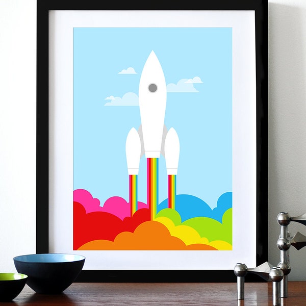 Poster print retro rainbow rocket print Mid century modern space ship nursery art - Rainbow Rocket  A3