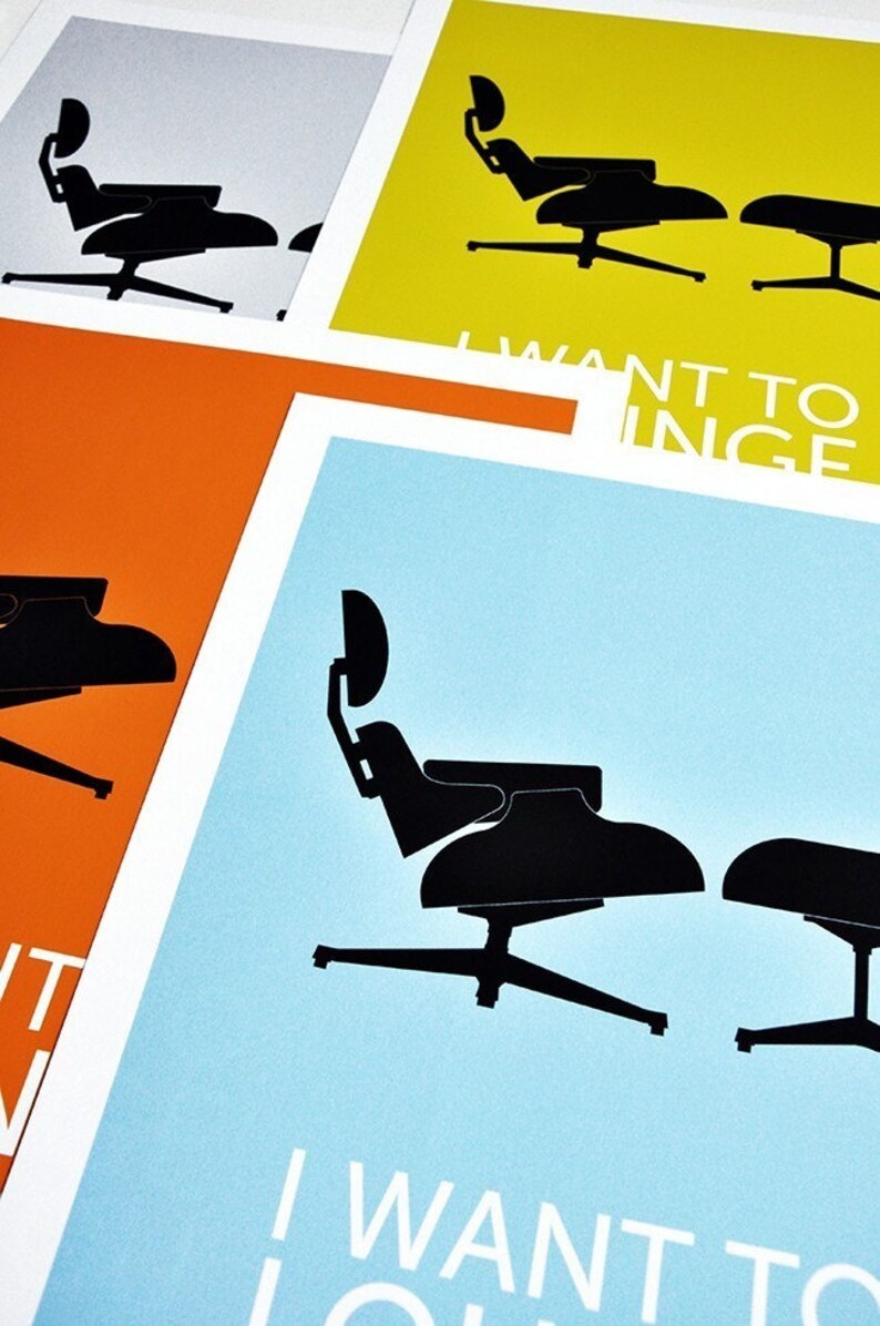 Eames poster print Mid Century Modern Herman Miller chair kitchen art office home I Want To Lounge With You Grey A3 image 3