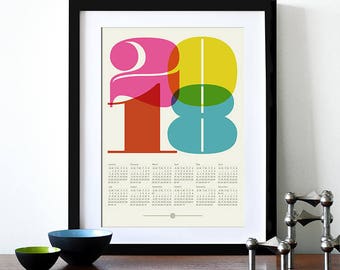 2018 calendar poster, retro kitchen art, mid century modern, office art print, Eames era, typography poster, graphic design, A3 wall decor