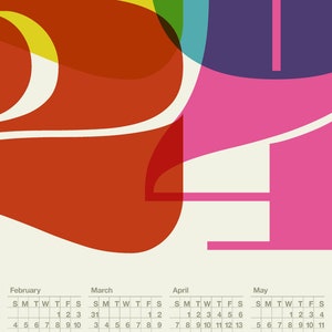 May include: A colorful calendar design with overlapping shapes in red, yellow, green, blue, and pink. The calendar shows the months of February, March, April, and May.