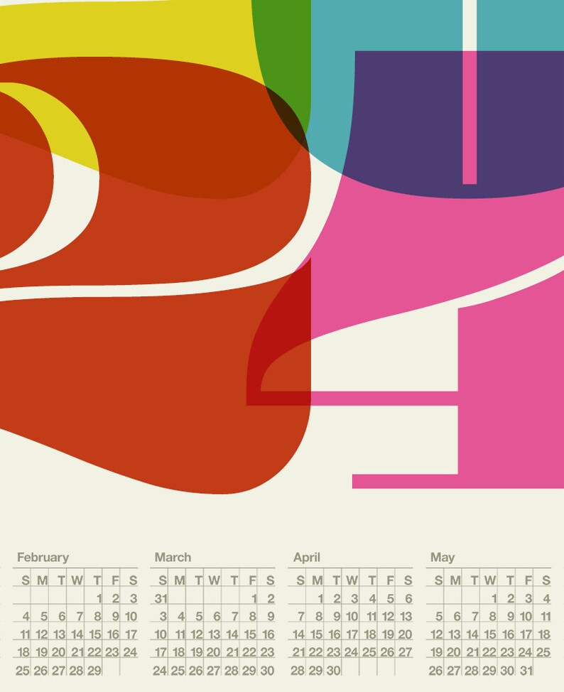 May include: A colorful calendar design with overlapping shapes in red, yellow, green, blue, and pink. The calendar shows the months of February, March, April, and May.