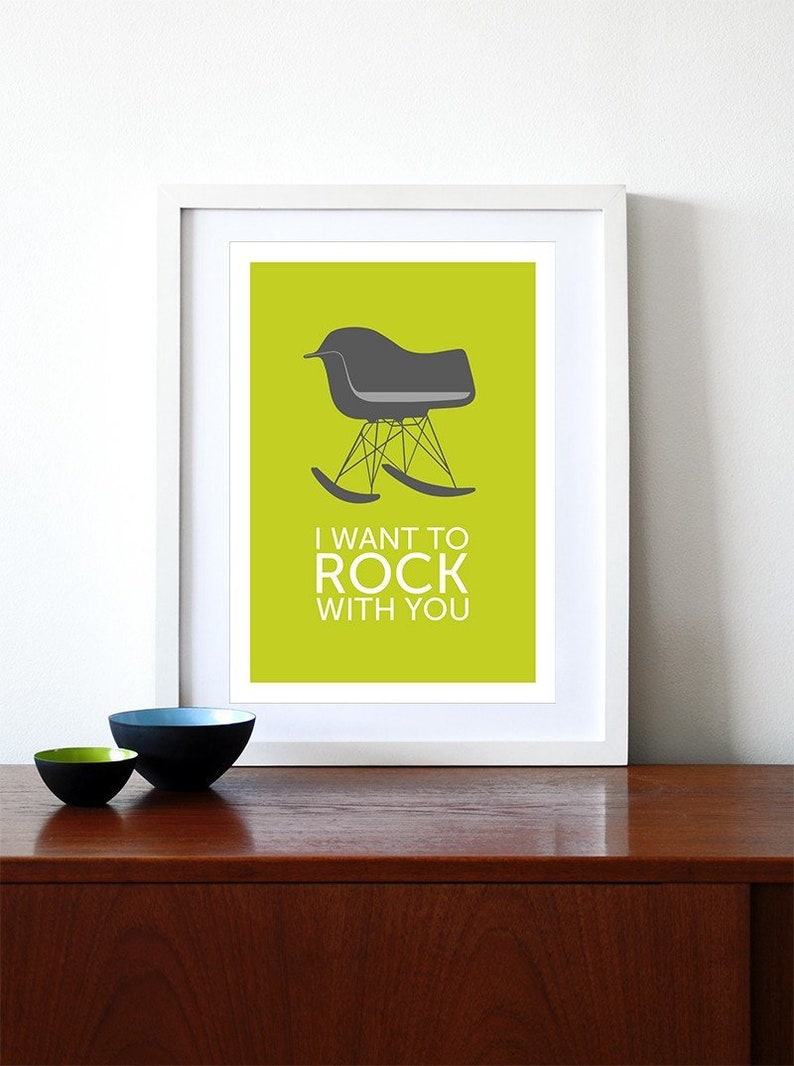 Eames poster print vintage chair Mid Century modern Herman Miller retro lounge kitchen art office I Want To Rock With You Grey A3 image 1