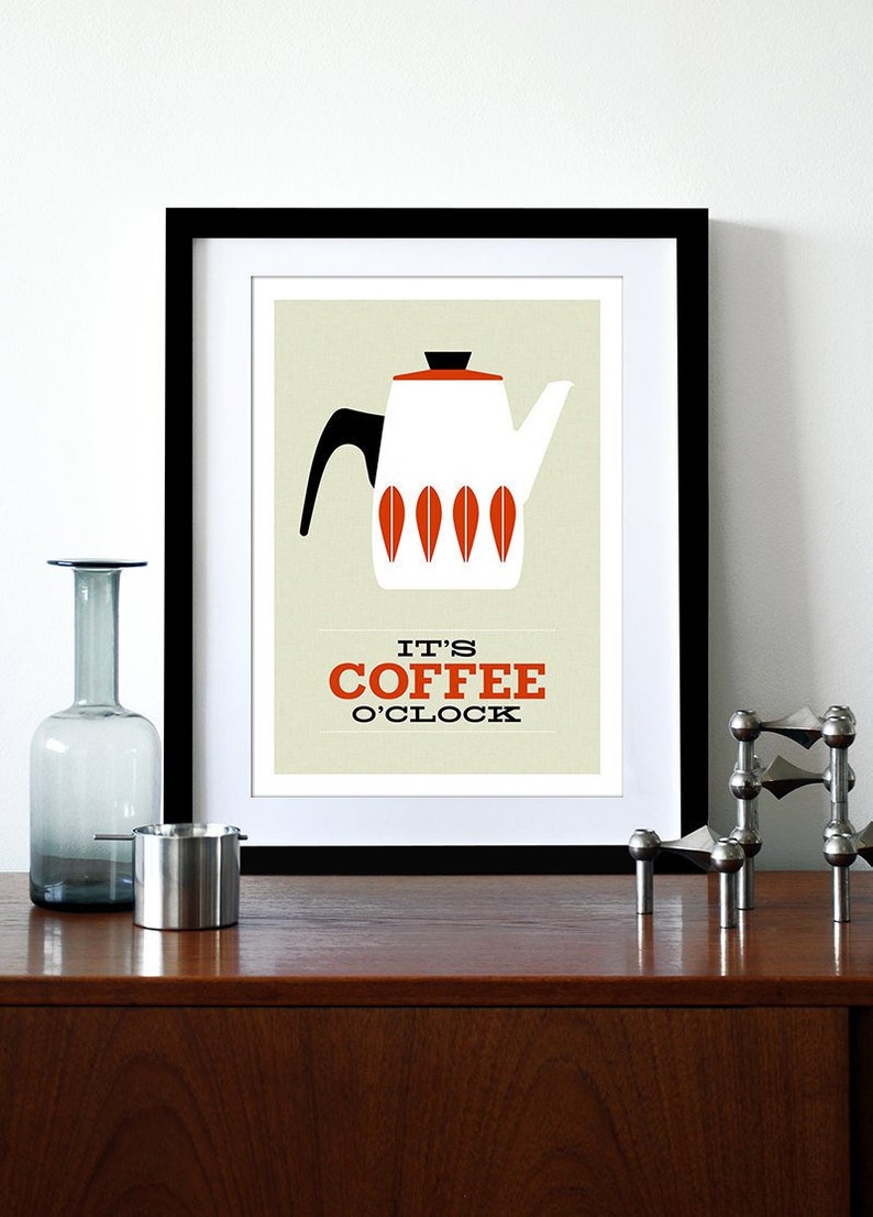 Cathrineholm poster print Mid Century modern home art for kitchen art tea coffee poster It's Coffee O'clock A3 Red image 1