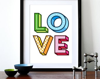 Typography poster, motivational, inspirational, love, kitchen art, office, mid century modern, graphic design - 3D LOVE A3
