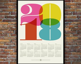 2018 calendar, Mid Century Modern poster, retro kitchen art, office art print, Eames era, typography poster, graphic design, 50 x 70 poster