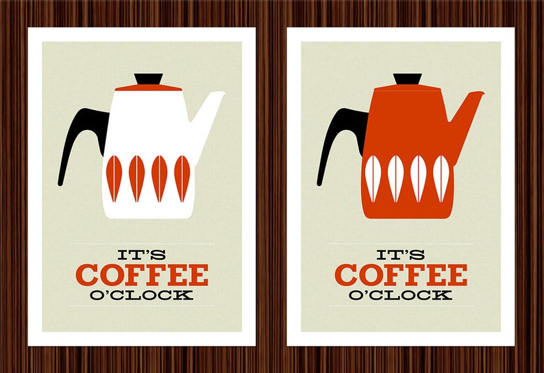 Cathrineholm poster print Mid Century modern home art for kitchen art tea coffee poster It's Coffee O'clock A3 Red image 2
