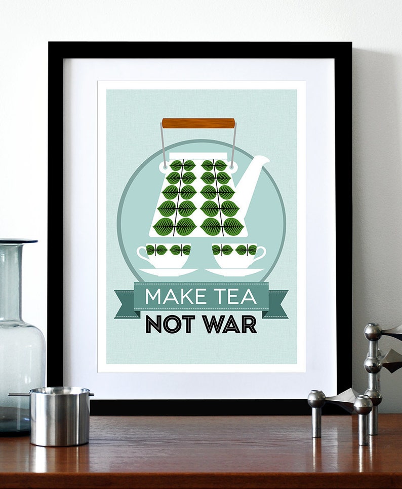 Mid Century Modern poster print Stig Lindberg retro Scandinavian teapot coffee kitchen art Make Tea Not War 2 A3 image 1