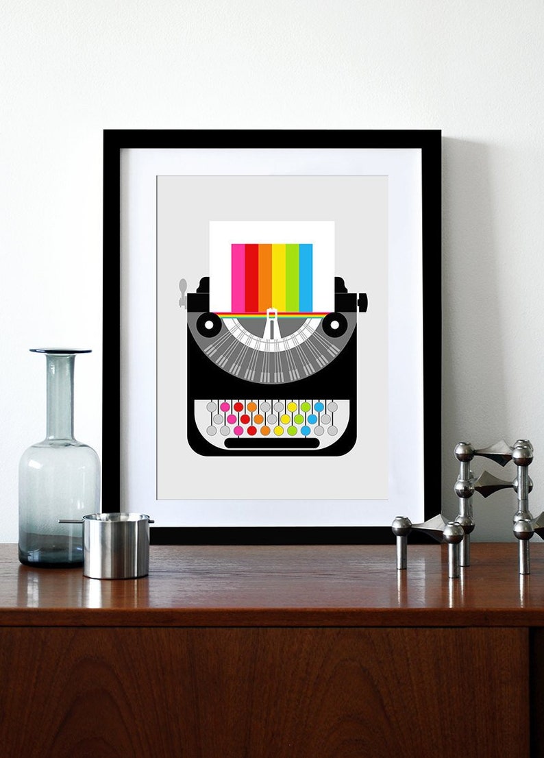 Rainbow typewriter poster print Mid Century Modern office retro vintage typewriter kitchen art nursery art Rainbow Writer A3 image 1