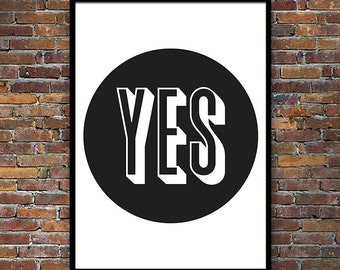YES Typography poster, Retro print, graphic design, inspirational quote, mid century modern, kitchen art, office art, wall decor 50 x 70cm