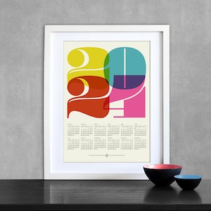 Calendario 2024, Mid Century Modern, póster, arte de cocina retro, impresión de arte de oficina, era Eames, póster tipográfico, diseño gráfico, impresión A3