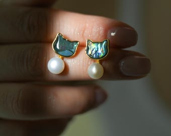 Pearl stud earrings, cat stud earrings, unique cat design abalone and pearl earrings