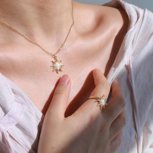 White Opal Diamond Sun Necklace, Delicate Sunburst Opal Ring, Opal Sun Bracelet, Sun Pendant