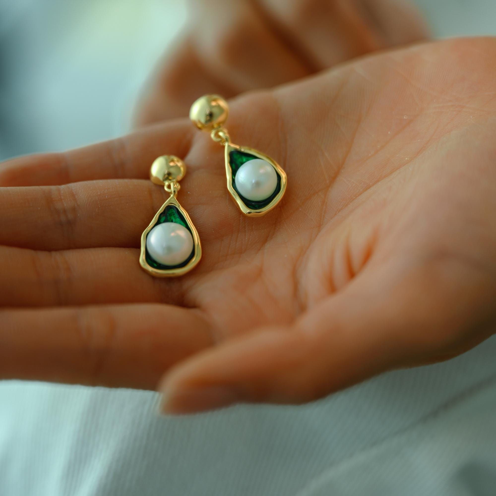 Emerald and Pearl Pave Earrings Delicate Wedding Earrings Emerald and Pearl Drop Earrings Pearl Drop Earrings Wedding Earrings