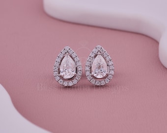 Lab Grown Pear Cut Diamond Halo Stud Earrings: 10K 14K 18K Solid Gold