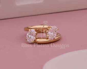 2CT Oval Lab Grown Diamond Two Stone Ring, Solid Gold Open Bypass Toi et Moi Ring, Modern Split Band Engagement Ring