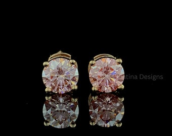 Pink Round Lab Grown Diamond Stud Earrings: 10K 14K 18K Gold or Platinum