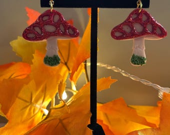Polymer Clay Earrings | • Fall/Halloween Collection • | Glitter Red Mushroom Earrings| Lightweight Handmade Earrings |