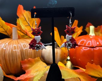 Polymer Clay Earrings | • Fall/Halloween Collection • | Floral Fox Dangles | Lightweight Handmade Earrings |