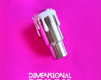May include: A stainless steel tumbler with white dripped paint detail on a bright pink background. The text "DIMENSIONAL DRINKS" is displayed in white. The tumbler is designed for beverages.