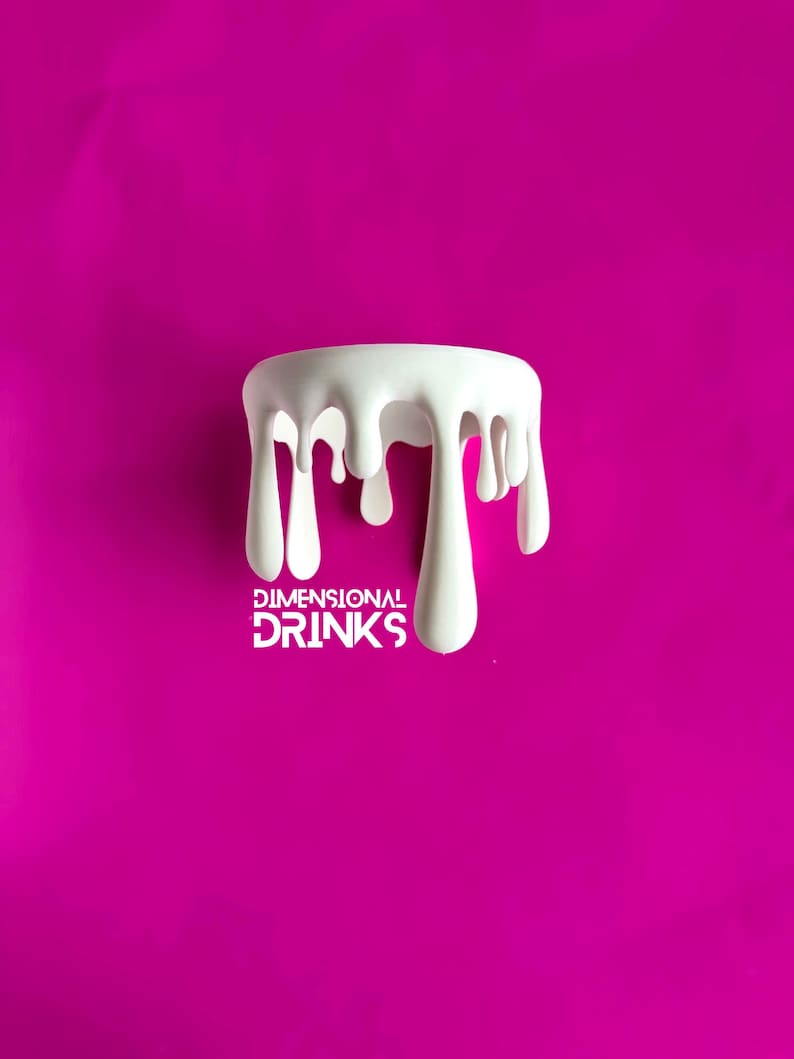 May include: A white, stylized sculpture with a dripping effect, set against a vibrant magenta background. The sculpture has a rounded top with white drips cascading down. The text "DIMENSIONAL DRINKS" is displayed in white below the sculpture.