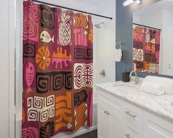 Tiki Exotic Tropical Shower Curtains, Pink Magenta Orange Hawaii Beach Bathroom Decor, Coastal Island Vibes, Summer Holiday Home Decor, Luau