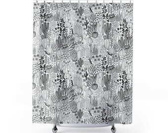 Rideau de douche cactus minimaliste, décoration de bain botanique du désert noir et blanc