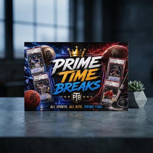Peut inclure: Image promotionnelle pour "Prime Time Breaks" avec des cartes de sport, un ballon de baseball, un ballon de football américain et un ballon de basket-ball. Le texte comprend "Prime Time Breaks" et "All Sports. All Hits. Prime Time."