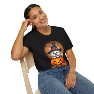Cute Kitty Halloween Pumpkin Unisex Softstyle T-Shirt, Halloween Shirt, Halloween Costume, Cat Lover Gift, Fall Apparel, Pumpkin Tee