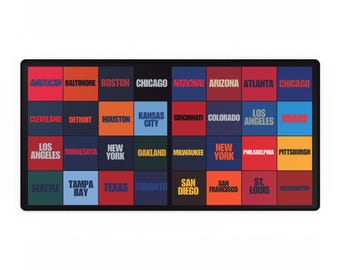 Peut inclure: Un tapis rectangulaire avec une grille de noms de villes de différentes couleurs. Les villes incluent American, Baltimore, Boston, Chicago, et d'autres. Le tapis a une bordure noire et un design moderne.
