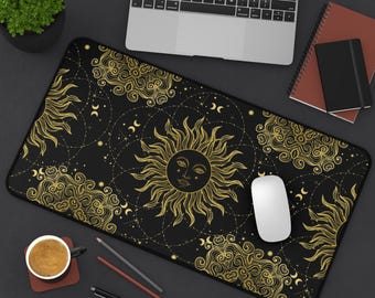 Celestial Gold Sun and Moon Desk Mat | Astrological Mystic Office Decor