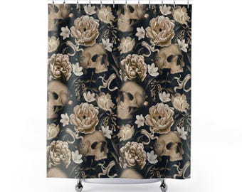 Vintage Floral Skull Shower Curtain – Gothic Bathroom Decor