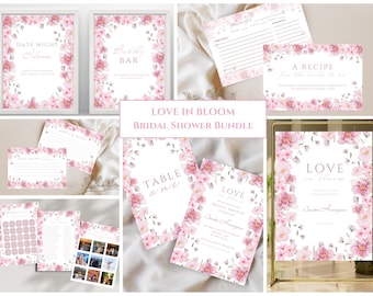 Paquete de despedida de soltera Love in Bloom, invitación floral, paquete de despedida de soltera rosa, juegos de despedida de soltera, tarjeta de receta, póster