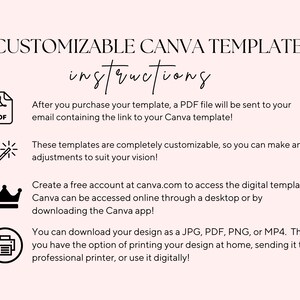 Puede incluir: Instrucciones para personalizar una plantilla de Canva. El texto explica que se le enviar&aacute; un archivo PDF a su correo electr&oacute;nico con un enlace a la plantilla de Canva. Tambi&eacute;n explica que las plantillas son personalizables y que puede crear una cuenta gratuita en canva.com para acceder a la plantilla digital. Puede descargar su dise&ntilde;o como JPG, PDF, PNG o MP4.