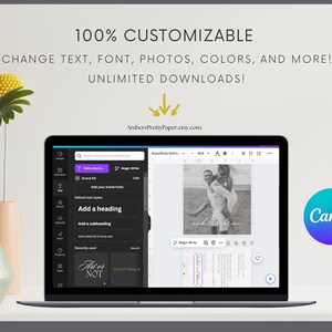 Puede incluir: Una captura de pantalla de una plantilla de dise&ntilde;o de Canva en la pantalla de una computadora. La plantilla es para una invitaci&oacute;n de boda y presenta una foto en blanco y negro de una pareja. El texto en la plantilla dice "Art or Not".