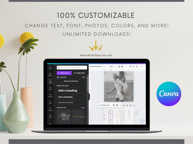 Puede incluir: Una captura de pantalla de una plantilla de dise&ntilde;o de Canva en la pantalla de una computadora. La plantilla es para una invitaci&oacute;n de boda y presenta una foto en blanco y negro de una pareja. El texto en la plantilla dice "Art or Not".