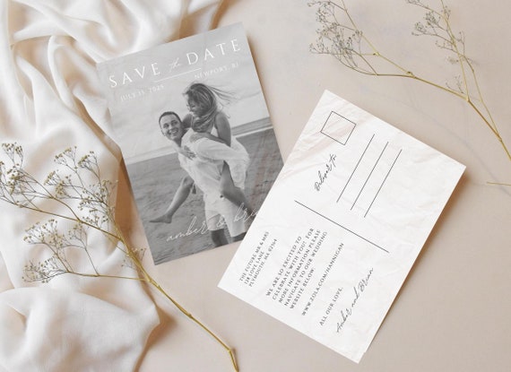 Vintage Postcard Wedding Save the Date Photo, Customizable Wedding Invitation, Canva Digital Download, Instant Download Template