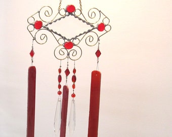 beaded red stained glass windchimes, garden art chimes