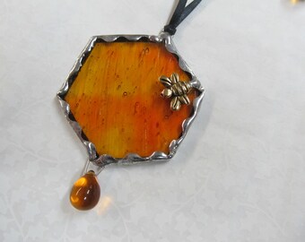 honey bee stained glass sun catcher, honeycomb tree or window ornament, beekeeper gift