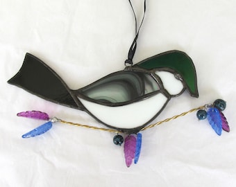stained glass chickadee bird, window bird ornament, avian ornament, garden art, yard art