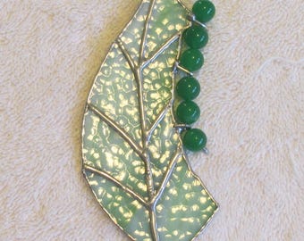 Stained Glass Leaf with Green Caterpillar Suncatcher, handmade Garden Window Hanging