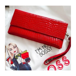 Portefeuille rouge pour femme en cuir verni long et minimaliste à imprimé crocodile, grand sac à main pour femme avec porte-cartes portefeuille pour femme avec poche pour la monnaie