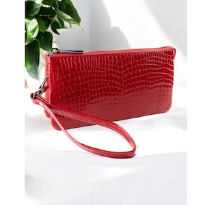 Bright Red Crocodile embossed Print Leather for Wallet Women Large clutch with Handle