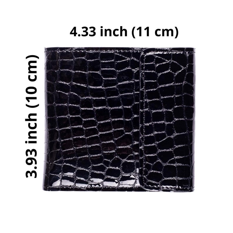 A glossy black wallet with a crocodile skin texture. The wallet is rectangular, measuring 4.33 inches (11 cm) wide and 3.93 inches (10 cm) tall. It has a snap closure on the right side.