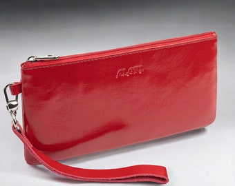 Cartera de mujer de piel charol en color rojo, negro y beige con monedero, elegante cartera de mujer con cremallera, cartera fina para mujer, cartera para efectivo con tarjetero