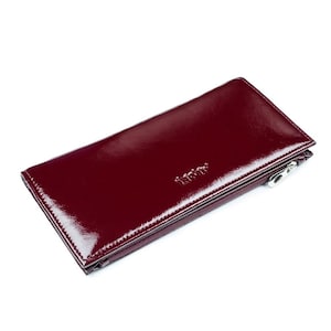 Burgundy patent wallet Slim leather woman purse with magnets bifold wallet with card holder coin pocket  shiny womens clutch evening bag